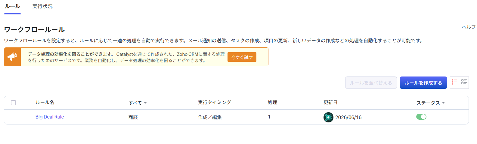 Zoho CRMのワークフロールール画面。ルール名・実行タイミング・処理・ステータスが並ぶ。
