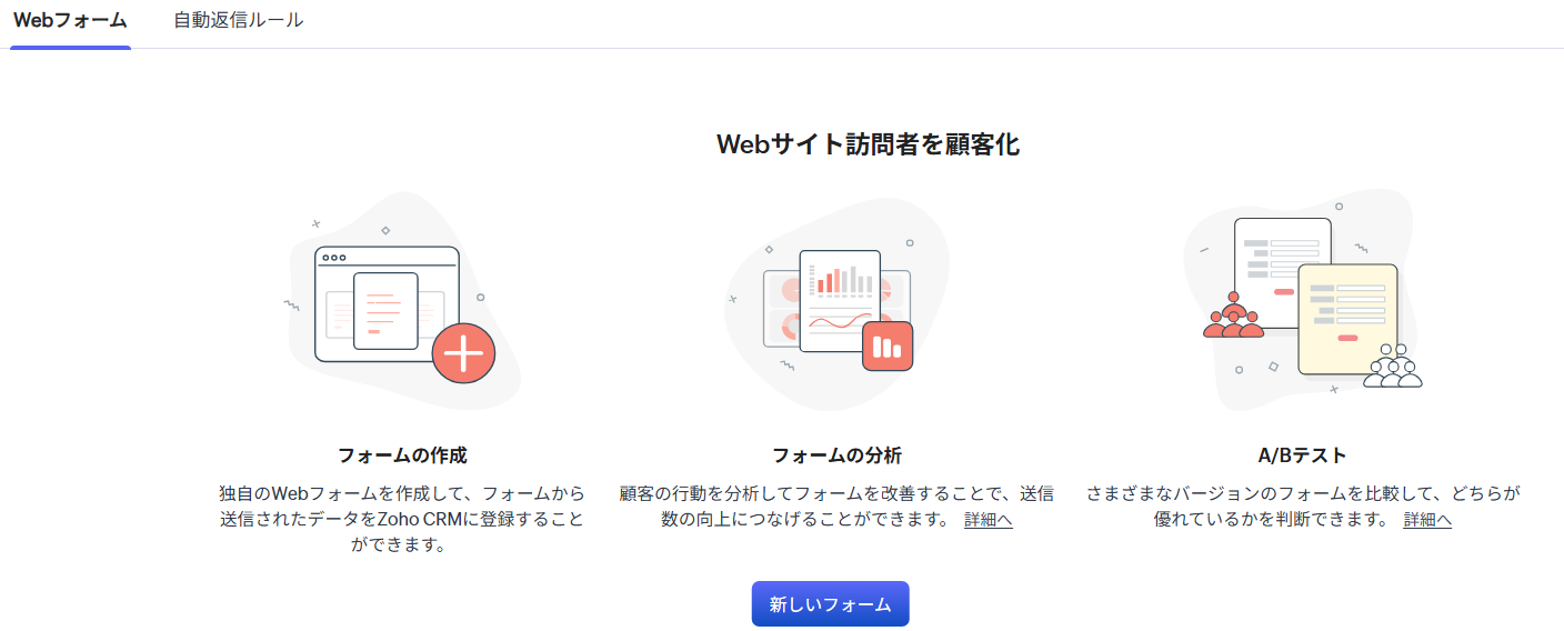 Zoho CRMのWebフォーム画面。フォームの作成・分析・A/Bテストや自動返信ルールの導線。