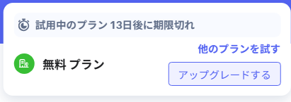 Zoho CRMのプラン表示。試用中のプランが13日後に期限切れと表示され、無料プランの表記も見える画面。